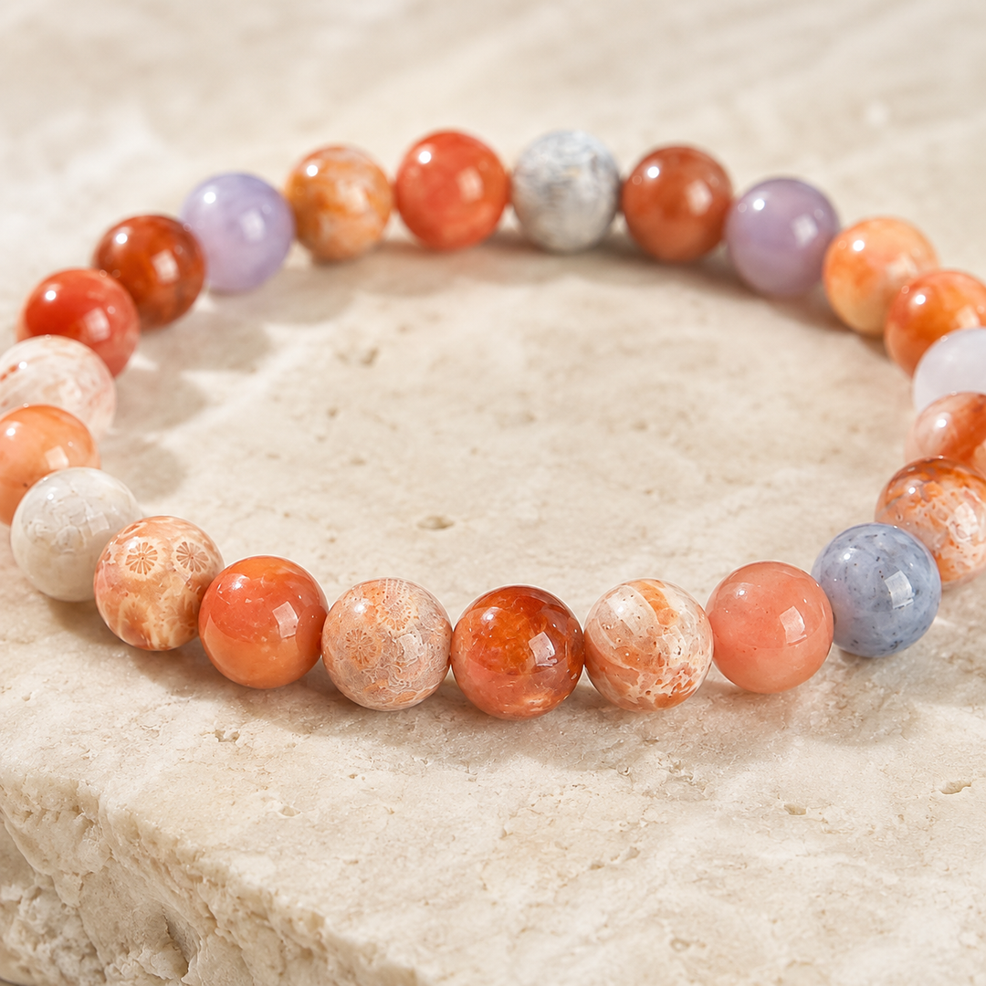 天然玉化珊瑚玉手鍊｜溫潤花紋玉石圓珠手串｜02 珠子特寫